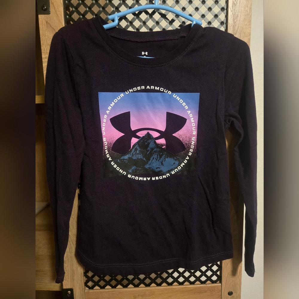 Under Armour Deep Purple Tee with Pink and Blue Mountain Graphic